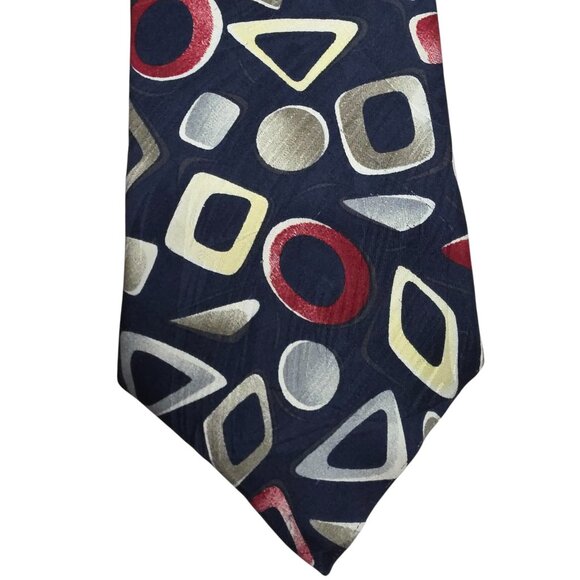 JS Blank & Co Geometric Print Navy Cream Burgundy Silk Mens Tie - Picture 3 of 4